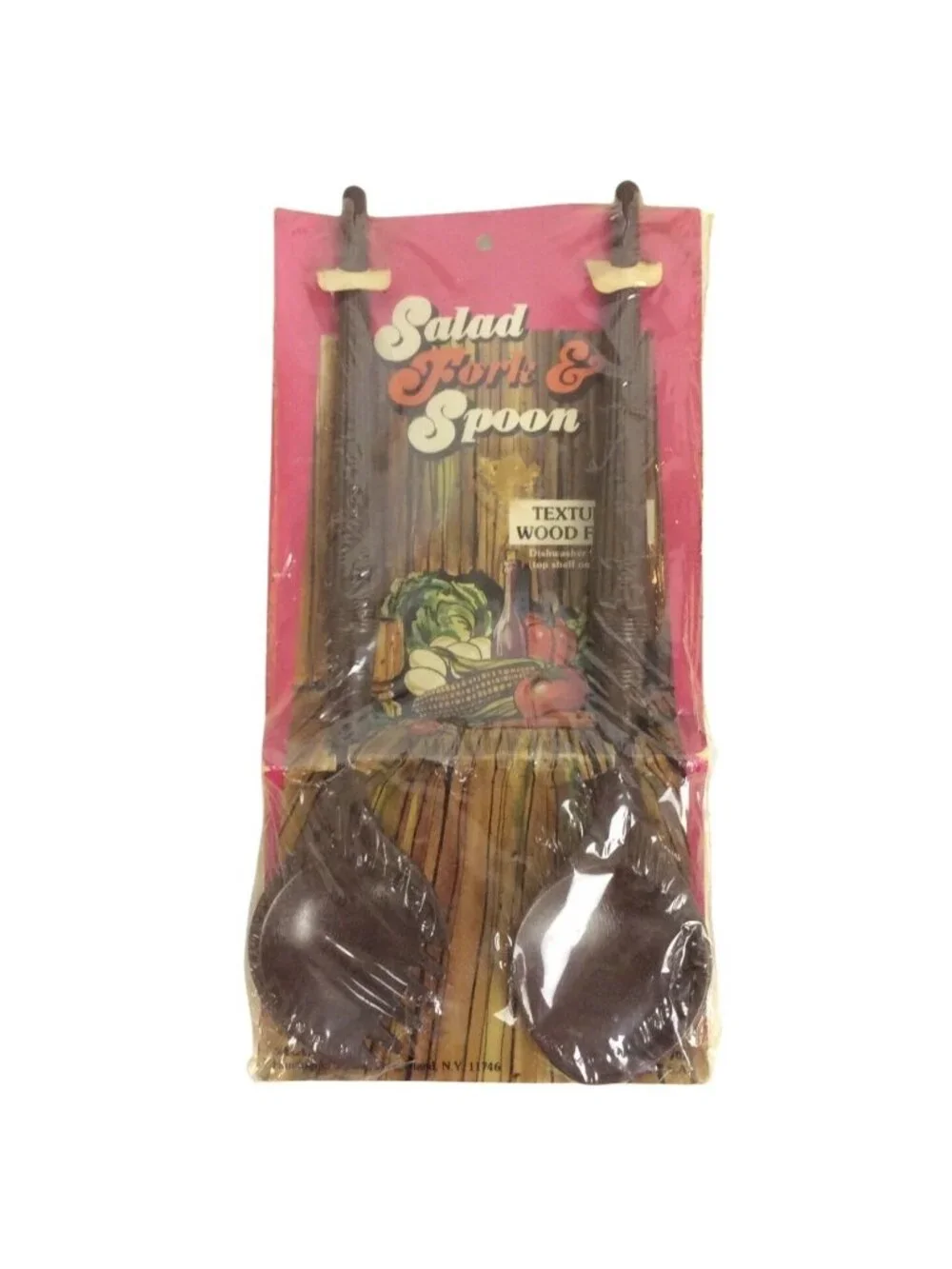 Vintage Salad Fork & Spoon Set Brown Plastic Wood Texture Saladtime Inc 1970s